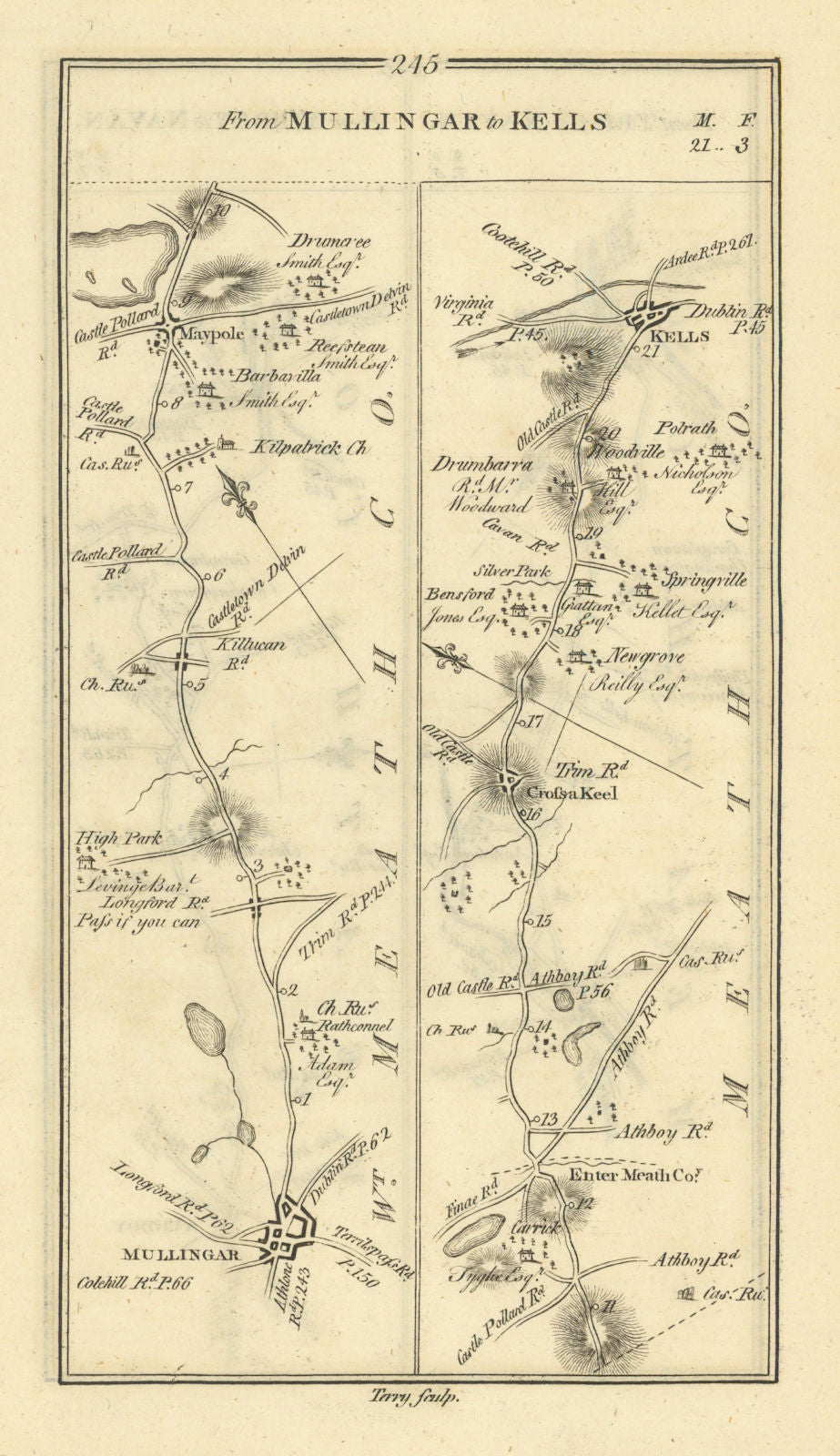 #245 From Mullingar to Kells. Castlepollard Collinstown. TAYLOR/SKINNER 1778 map